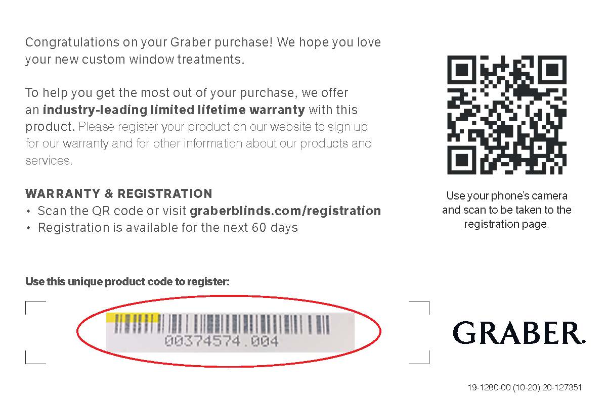 Graber Warranty Registration Card with Product Code